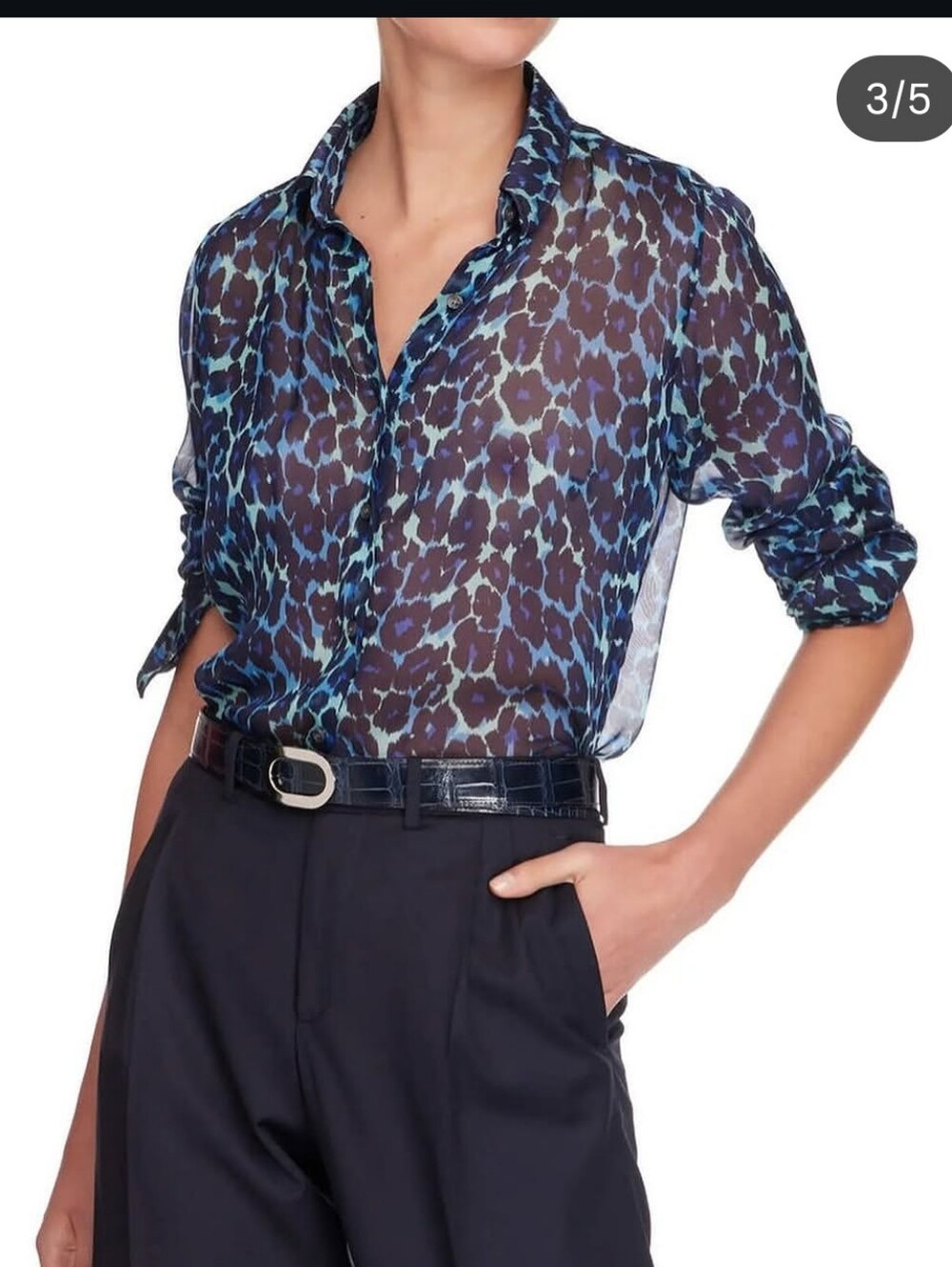 Nigel Curtiss Blue Leopard Silk Chiffon Blouse Size Small